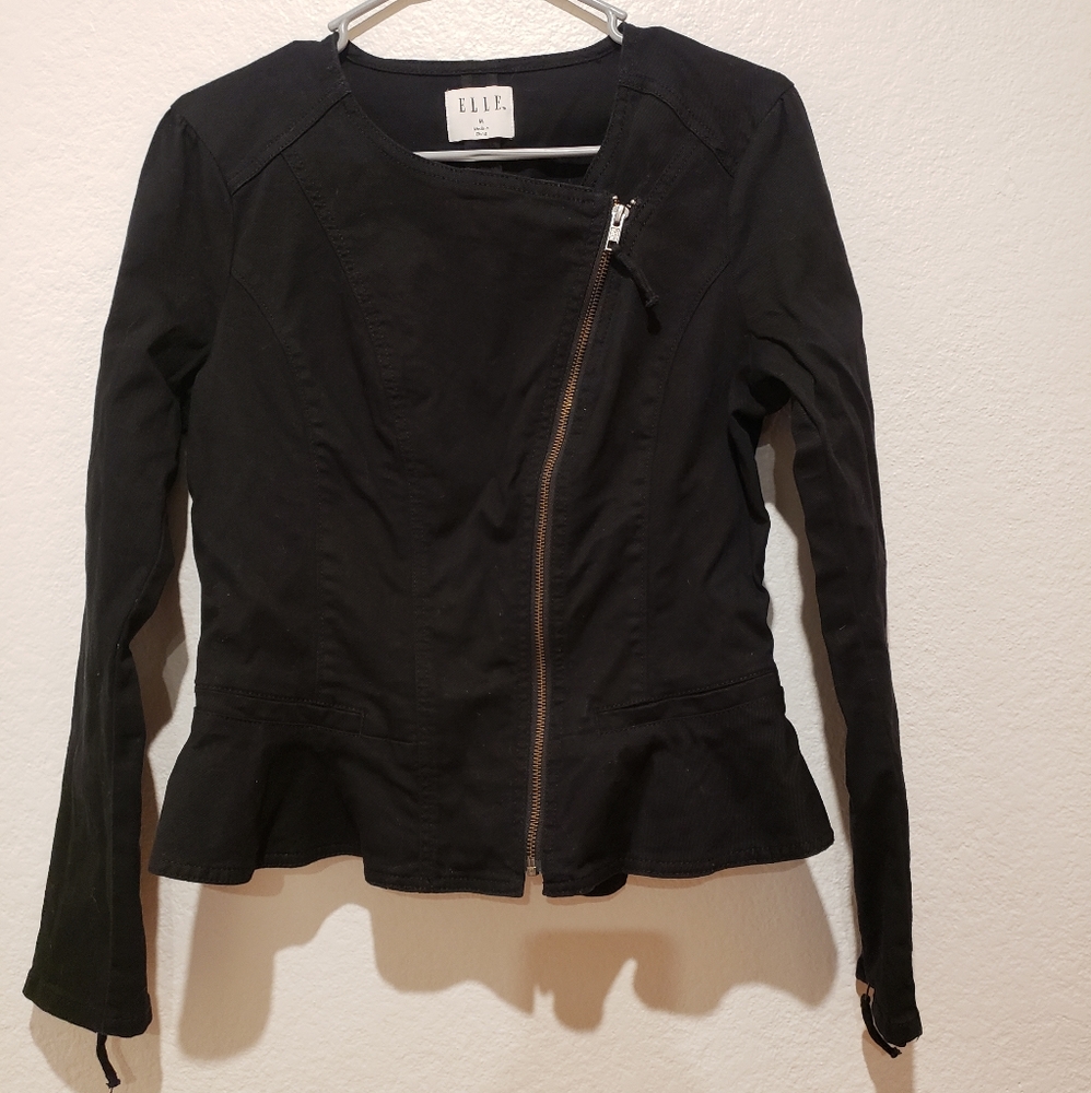 ELLE Fitted Black Denim Motorcycle Jacket w/Zipper. Size M.